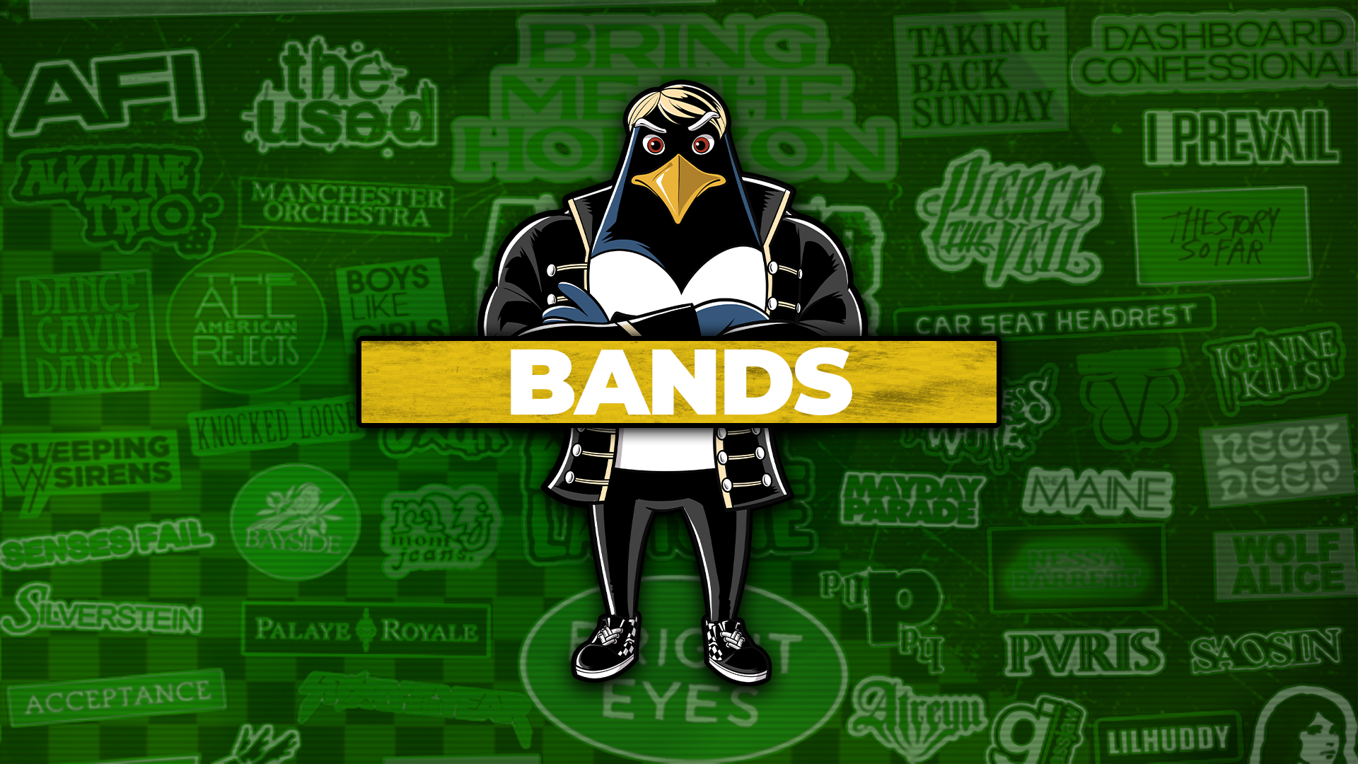 Striking promotional graphic for an Emo Night featuring 'BANDS', with a bold yellow banner across a green neon backdrop filled with names of popular emo and punk bands like AFI, The Used, and Bring Me The Horizon. A cartoon penguin dressed in punk attire stands in the center, symbolizing the music theme of the event.