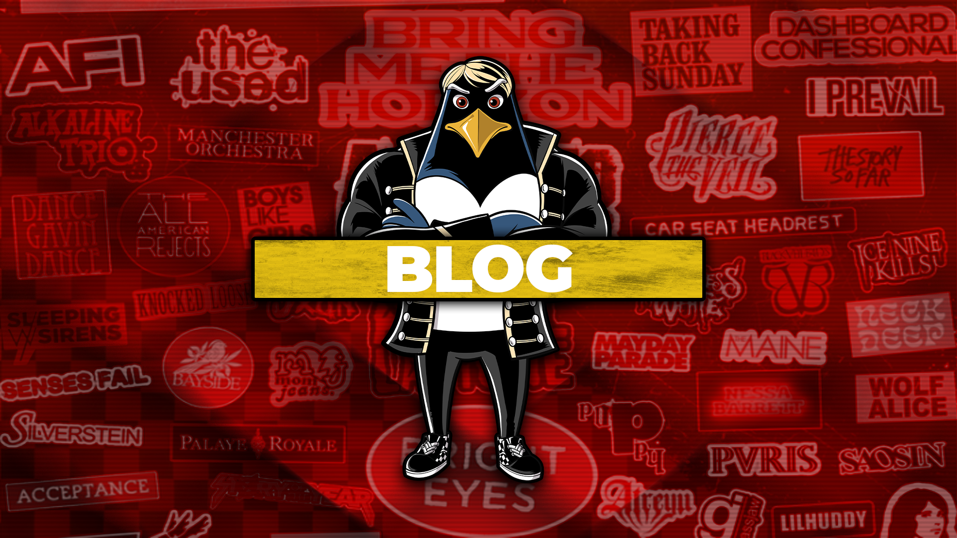A captivating Emo Night 'BLOG' banner featuring a cartoon penguin dressed in a punk leather jacket, positioned against a red neon backdrop with names of renowned emo and punk bands such as AFI, The Used, and Dashboard Confessional. The prominent 'BLOG' text in a bold yellow bar suggests a space for updates and discussions about emo music culture and events.