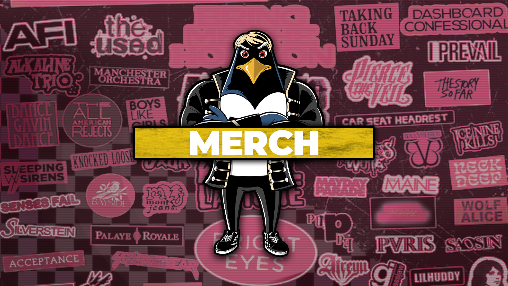 An engaging Emo Night 'MERCH' graphic featuring a cartoon penguin dressed in black punk rock attire, set against a backdrop displaying neon signs of famous emo and punk bands such as AFI, The Used, and Dashboard Confessional. The bright yellow 'MERCH' text on the banner indicates merchandise available for fans, highlighting the commercial aspect of the emo music scene.