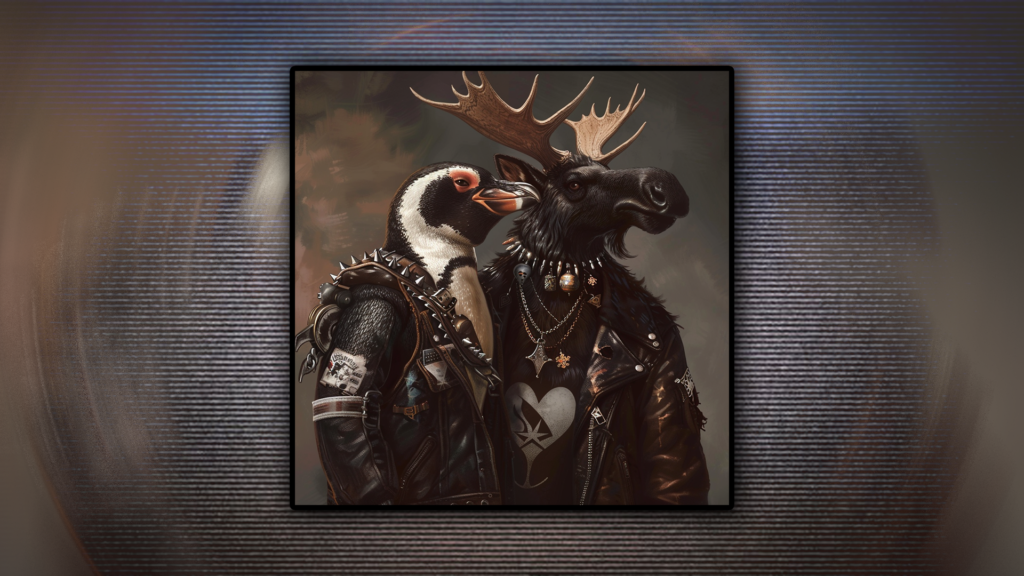 A whimsical digital artwork featuring a moose and a penguin styled as punk rockers, standing confidently side by side. The moose, smiling broadly, sports majestic antlers and a detailed black leather jacket adorned with studs, patches, and music-themed pendants. The penguin, with a distinctive black and white pattern, echoes the punk theme with a similar leather jacket and a heart-shaped patch. Both characters embody the rebellious spirit of punk culture, symbolizing the resilience and innovation of the Smiling Moose venue, which transformed to thrive amidst challenges.