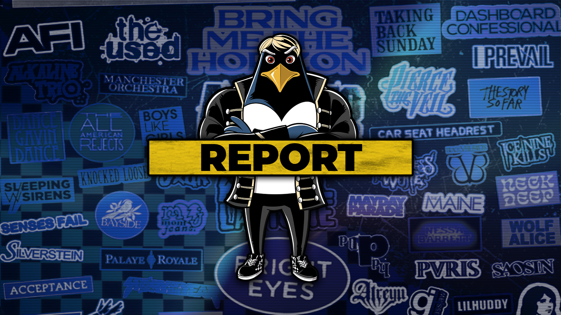 Informative Emo Night 'REPORT' promotional image with a cartoon penguin in punk fashion, standing before a backdrop of band names in glowing neon, such as AFI, The Used, and Bring Me The Horizon. The 'REPORT' text displayed on a yellow strip conveys an aspect of event management or feedback, tailored for the emo and punk music community.