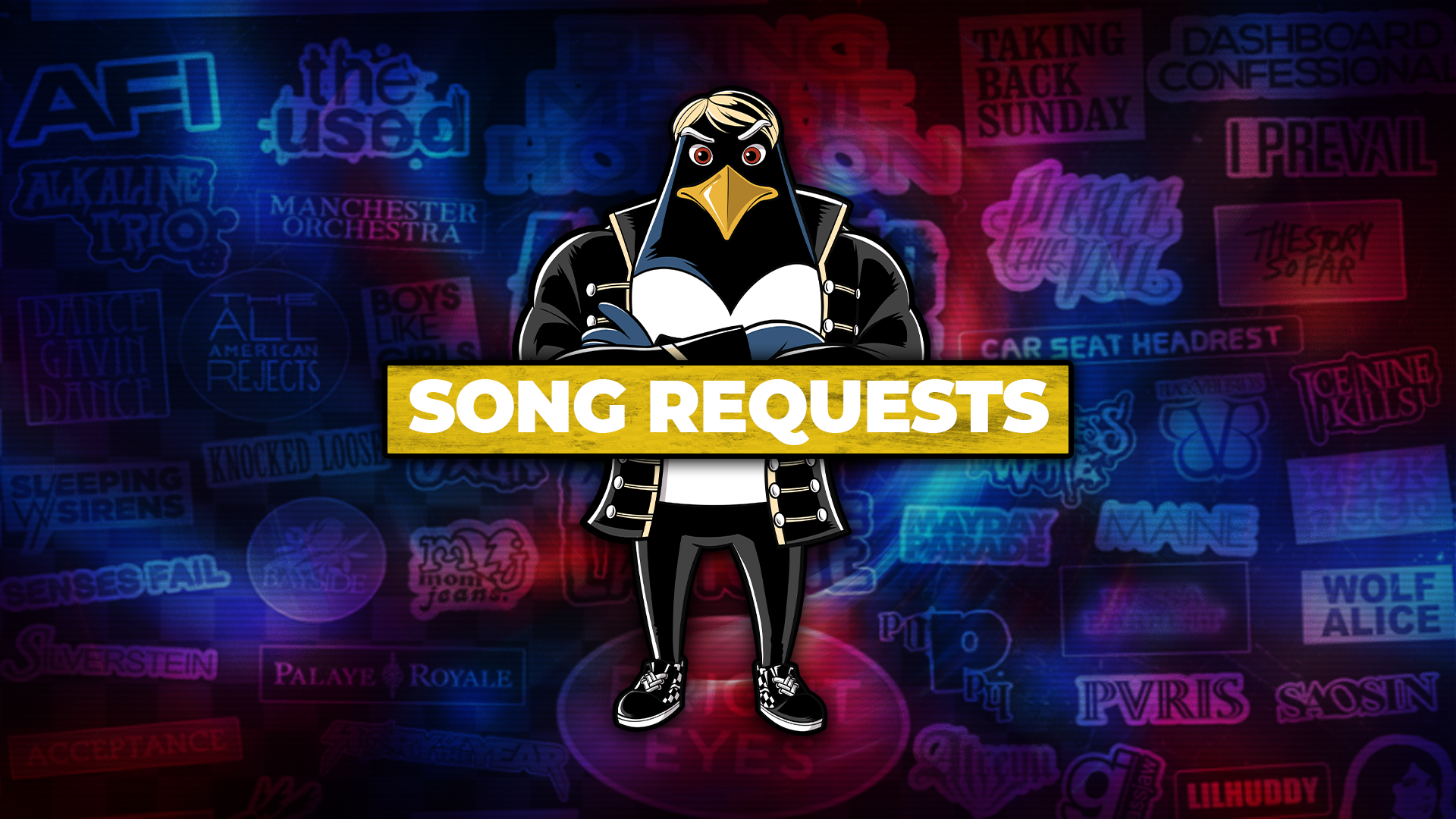 A vibrant Emo Night promotional graphic featuring a cartoon penguin dressed in punk rock attire standing in front of a neon-lit backdrop with names of various emo and punk bands, like AFI, The Used, and Dashboard Confessional, illuminated in bright colors. The penguin, symbolizing a DJ, is holding a book with the bold text 'SONG REQUESTS' in yellow, encouraging attendees to pick their favorite emo tracks for the event.