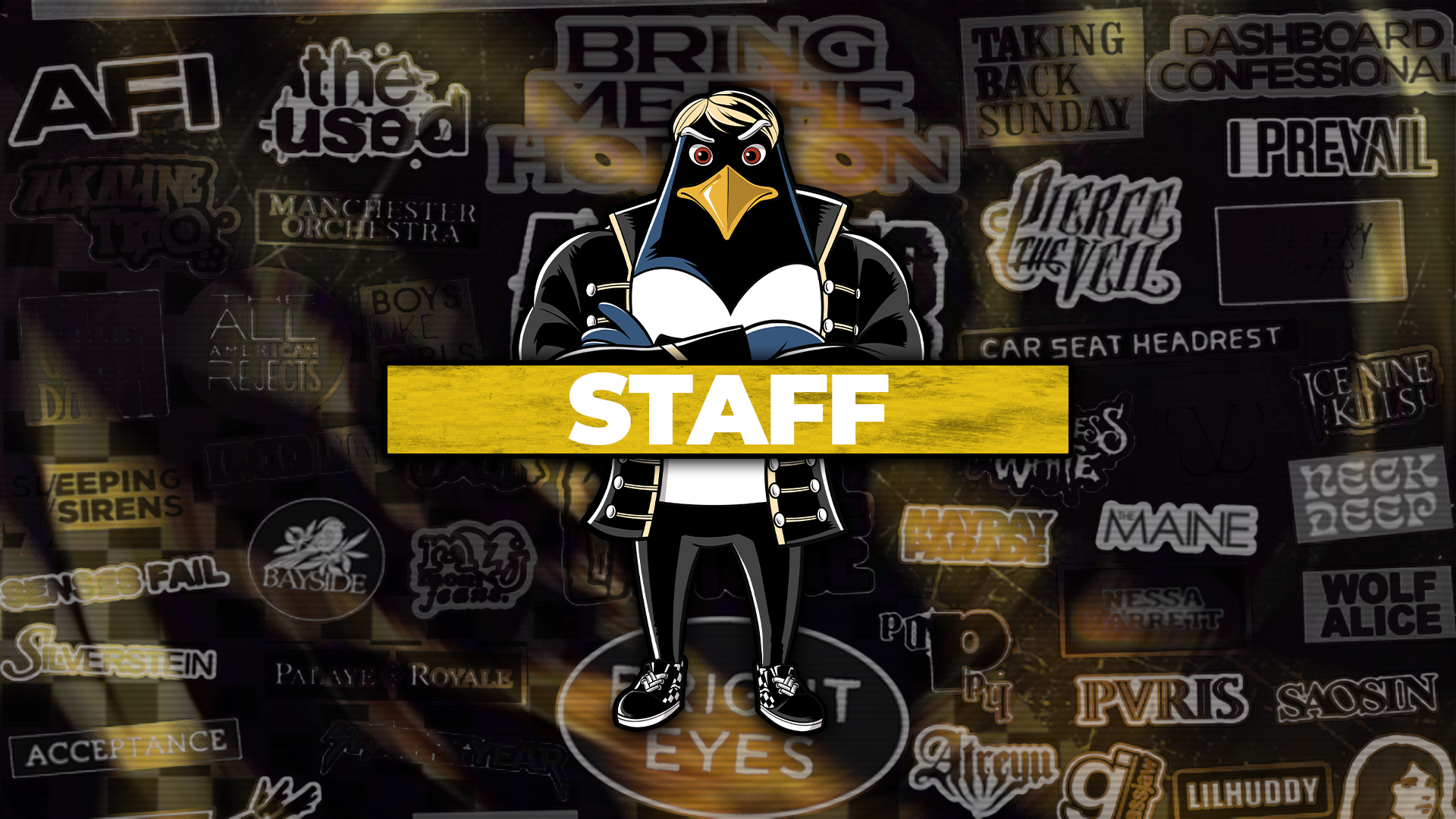 A stylized 'STAFF' banner for Emo Night, featuring a cool cartoon penguin in punk attire against a moody, dark backdrop with neon outlines of famous emo and punk band names like AFI, The Used, and Bring Me The Horizon. The 'STAFF' text is prominently displayed on a yellow banner, indicating the dedicated team behind the music event.